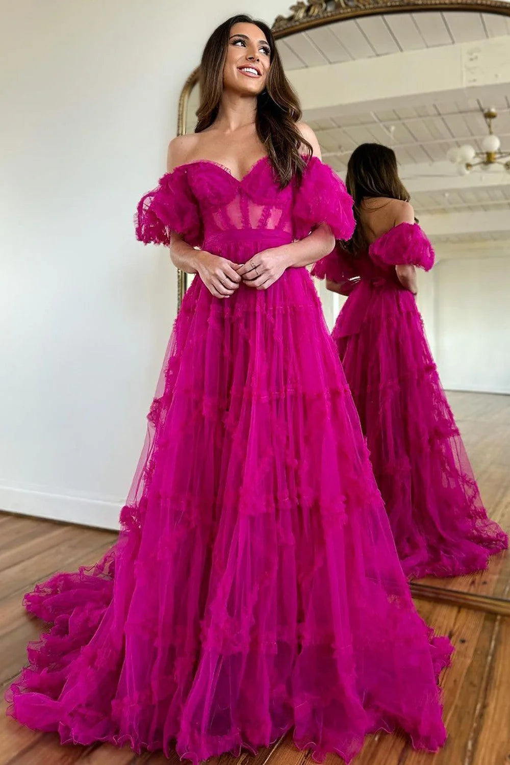 Whimsical Floral Tulle Off-The-Shoulder Dress With Belt For Formal Events AD630