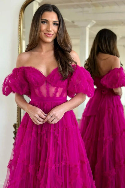 Whimsical Floral Tulle Off-The-Shoulder Dress With Belt For Formal Events AD630