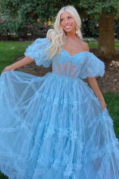 Whimsical Floral Tulle Off-The-Shoulder Dress With Belt For Formal Events AD630