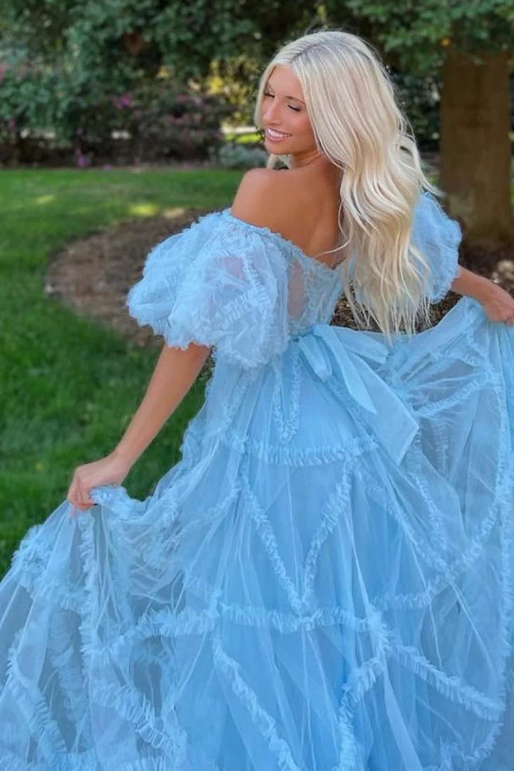 Whimsical Floral Tulle Off-The-Shoulder Dress With Belt For Formal Events AD630