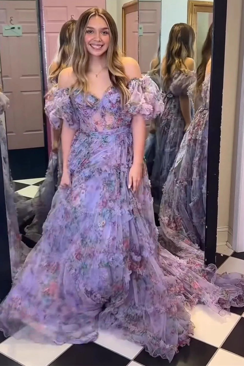Whimsical Floral Tulle Off-The-Shoulder Dress With Belt For Formal Events AD630