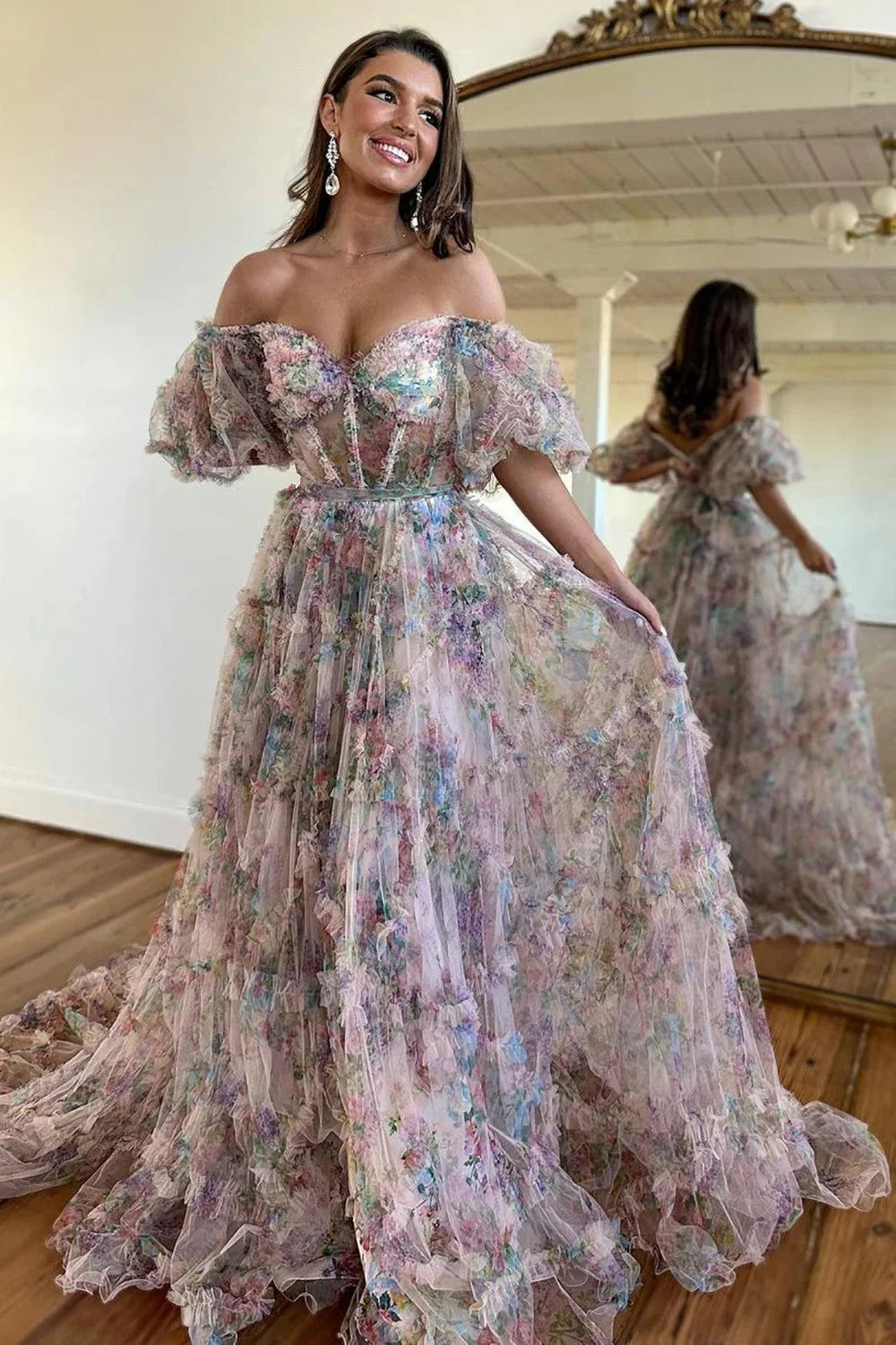 Whimsical Floral Tulle Off-The-Shoulder Dress With Belt For Formal Events AD630