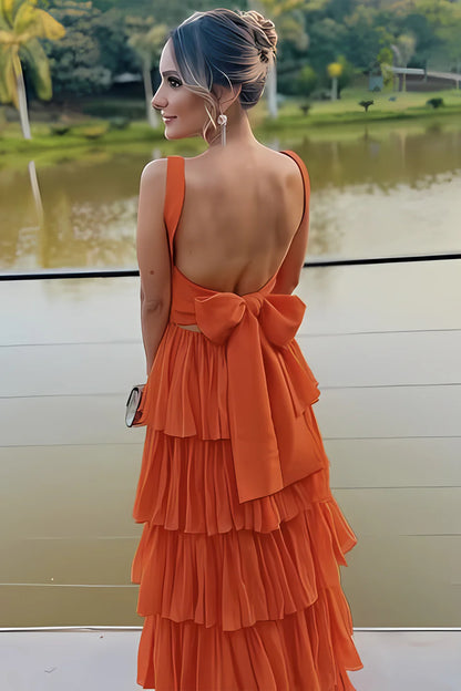 Sunset Orange Backless Tiered Ruffle Prom Dress With Oversized Bow AD632