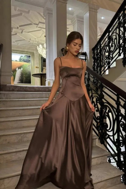 Brown Luxe Silk-Look Long Evening Dress With Fitted Bodice AD633