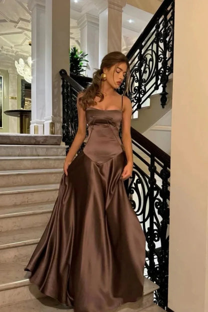 Brown Luxe Silk-Look Long Evening Dress With Fitted Bodice AD633