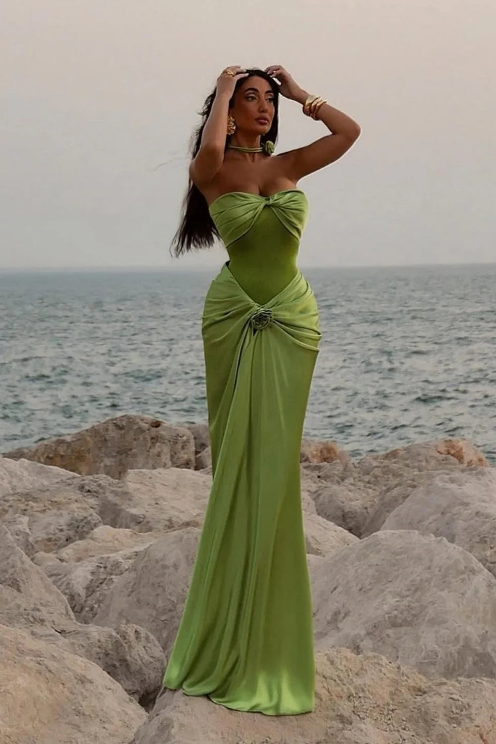 Green Ruched Bodice Mermaid Draped Maxi Prom Dress With Rosette Detail AD634