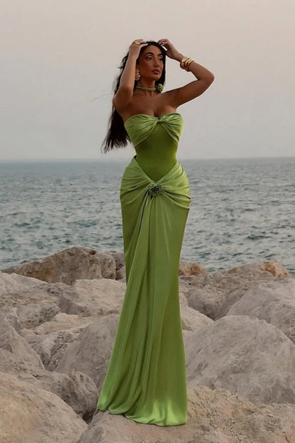 Green Ruched Bodice Mermaid Draped Maxi Prom Dress With Rosette Detail AD634