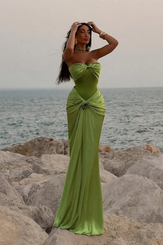 Green Ruched Bodice Mermaid Draped Maxi Prom Dress With Rosette Detail AD634