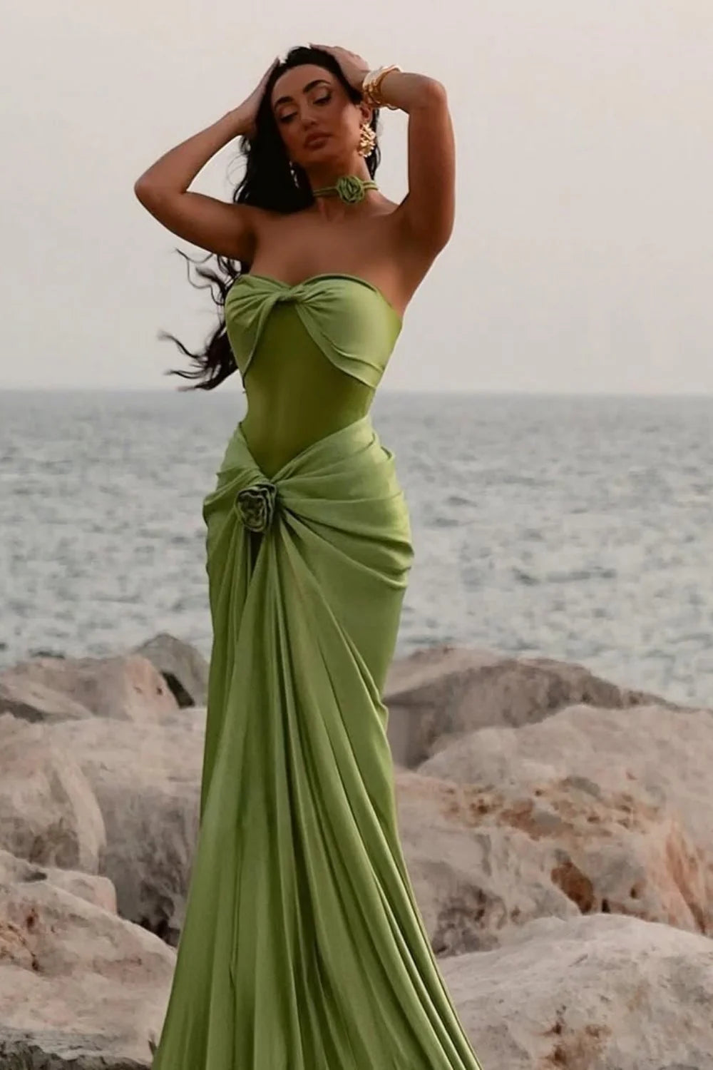Green Ruched Bodice Mermaid Draped Maxi Prom Dress With Rosette Detail AD634