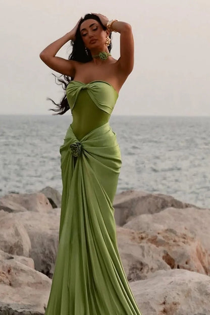 Green Ruched Bodice Mermaid Draped Maxi Prom Dress With Rosette Detail AD634