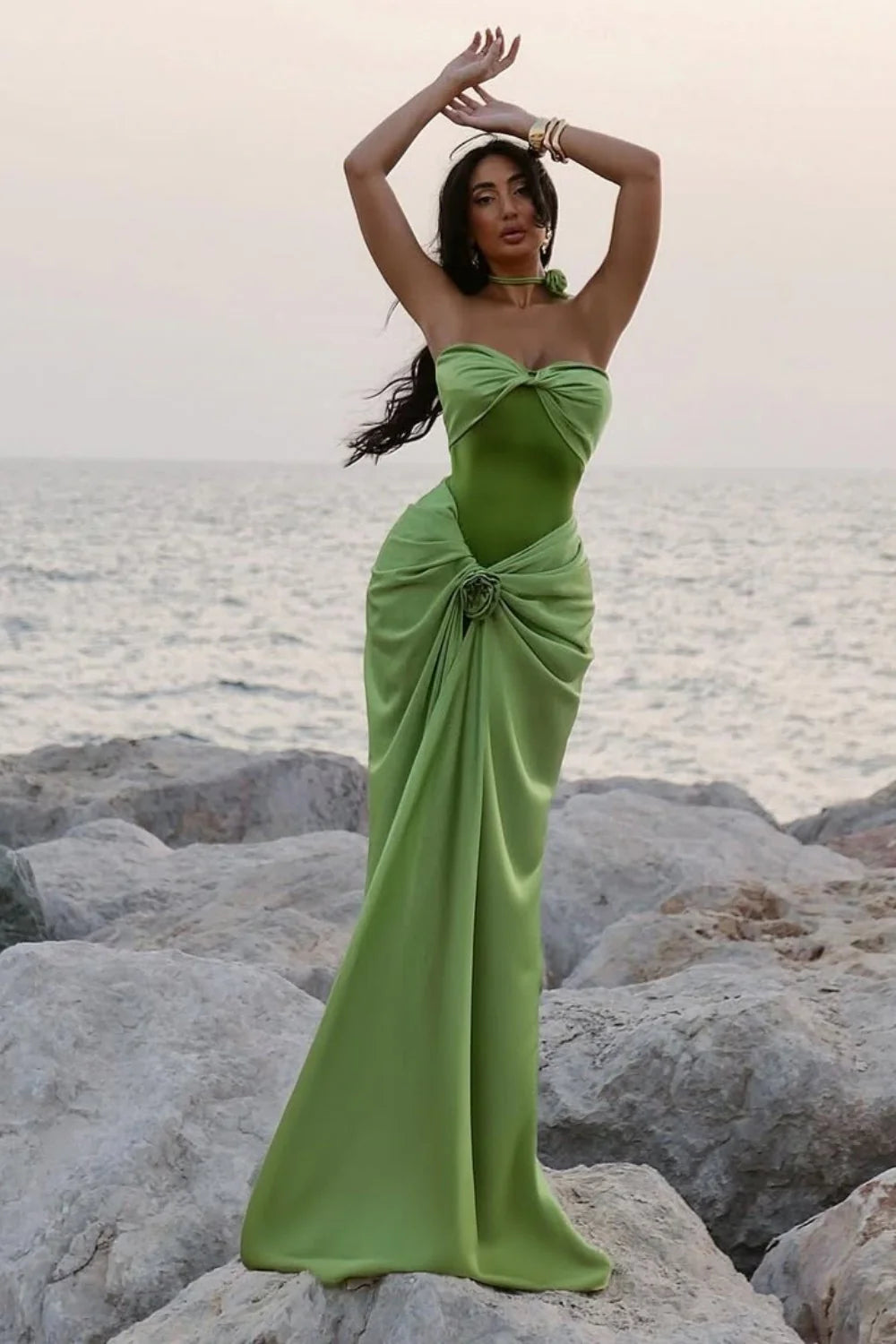 Green Ruched Bodice Mermaid Draped Maxi Prom Dress With Rosette Detail AD634