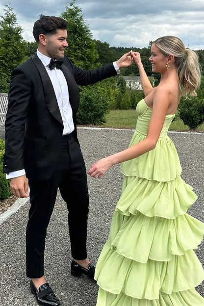Sweetheart Light Green Layered Ruffle Evening Dress With Slit AD635