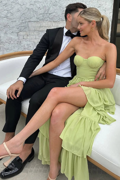 Sweetheart Light Green Layered Ruffle Evening Dress With Slit AD635