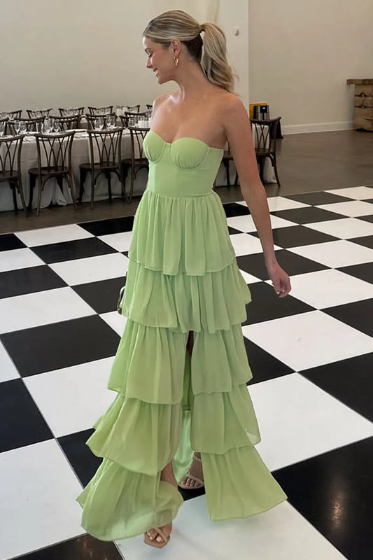 Sweetheart Light Green Layered Ruffle Evening Dress With Slit AD635