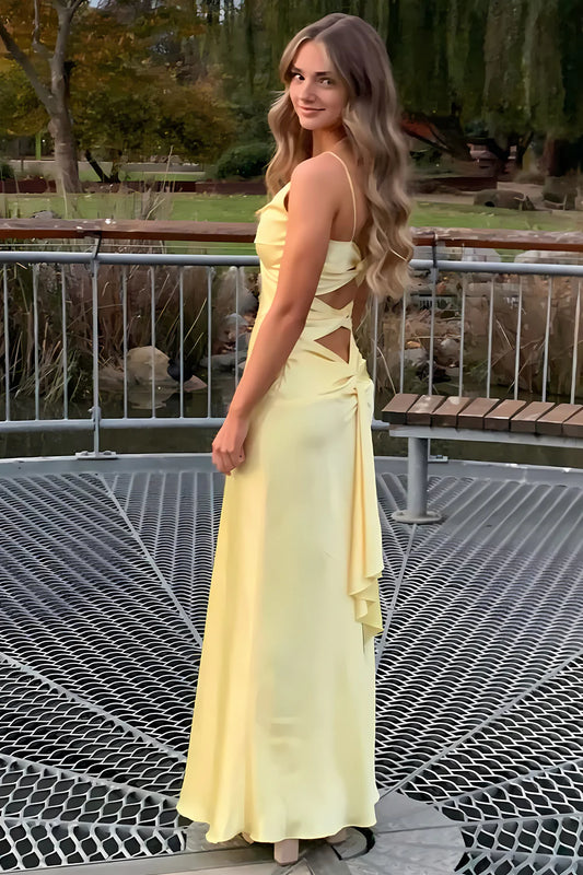 Elegant Yellow V-Neck Keyhole Back Satin Gown With Front Twist AD636