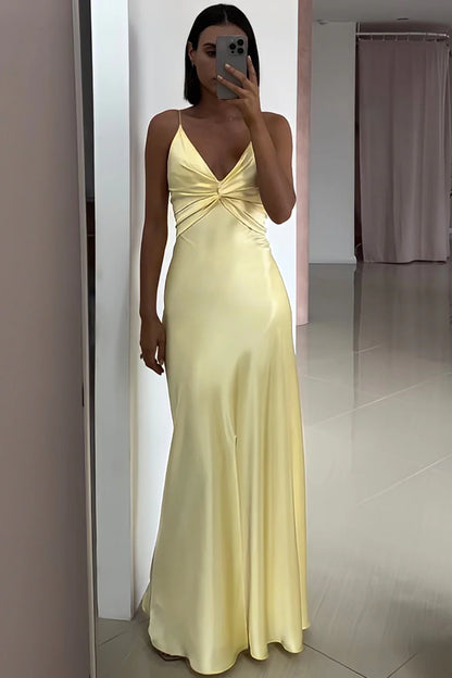 Elegant Yellow V-Neck Keyhole Back Satin Gown With Front Twist AD636