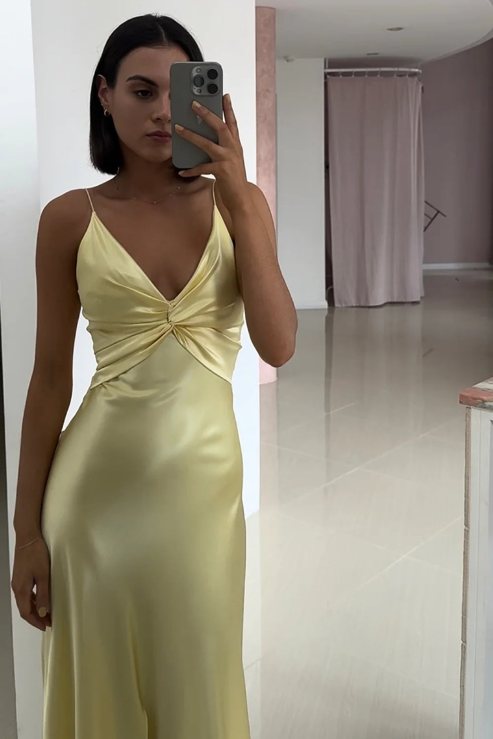 Elegant Yellow V-Neck Keyhole Back Satin Gown With Front Twist AD636