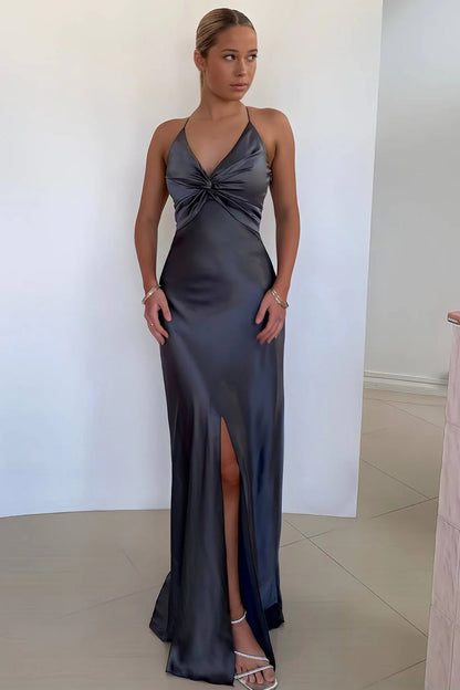 Elegant Yellow V-Neck Keyhole Back Satin Gown With Front Twist AD636