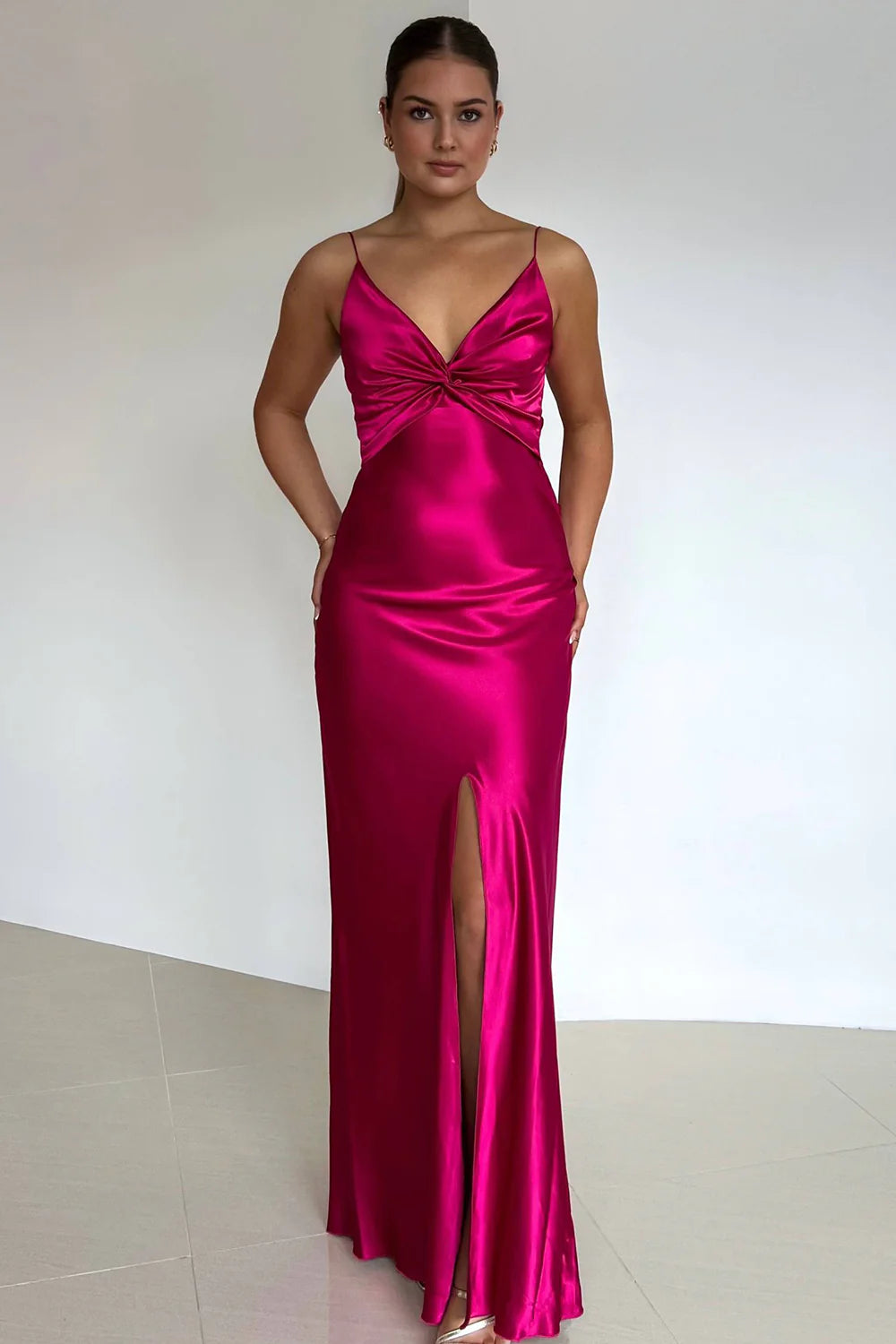 Elegant Yellow V-Neck Keyhole Back Satin Gown With Front Twist AD636