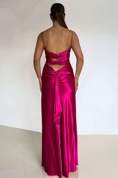 Elegant Yellow V-Neck Keyhole Back Satin Gown With Front Twist AD636
