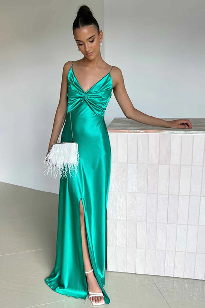 Elegant Yellow V-Neck Keyhole Back Satin Gown With Front Twist AD636