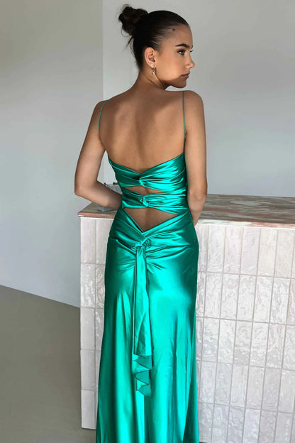 Elegant Yellow V-Neck Keyhole Back Satin Gown With Front Twist AD636