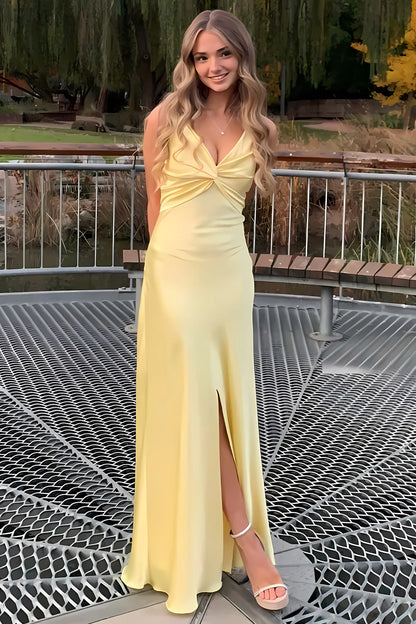 Elegant Yellow V-Neck Keyhole Back Satin Gown With Front Twist AD636