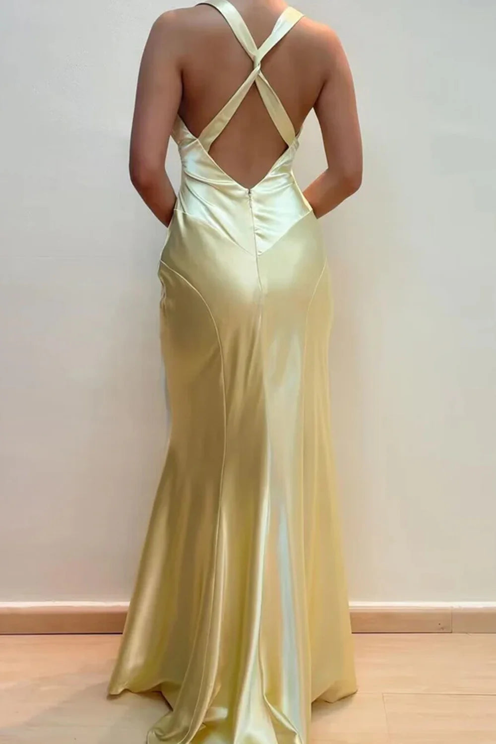 V-Neck Cross Back Yellow Satin Prom Gown With Ruched Detailing AD637