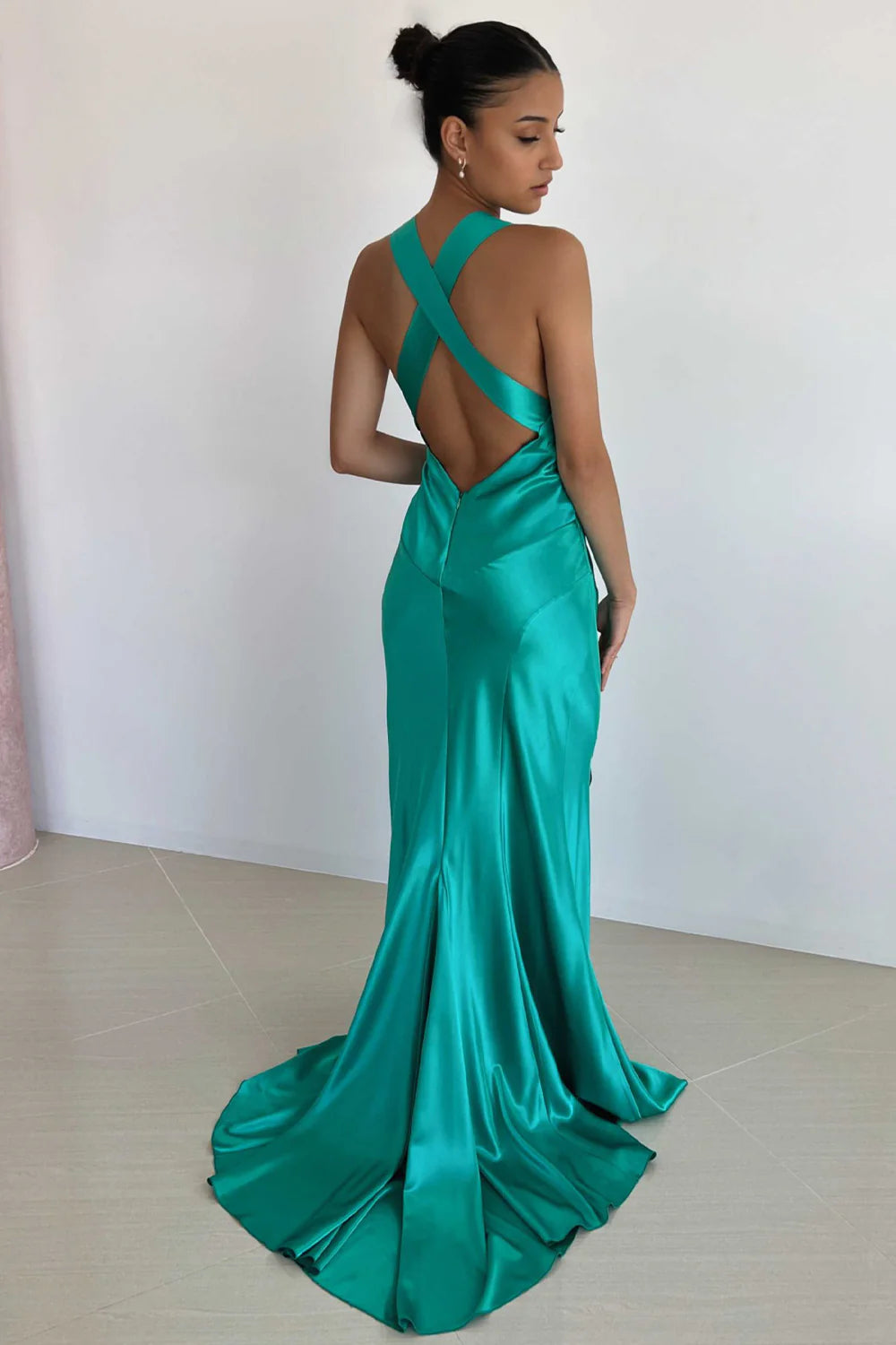 V-Neck Cross Back Yellow Satin Prom Gown With Ruched Detailing AD637