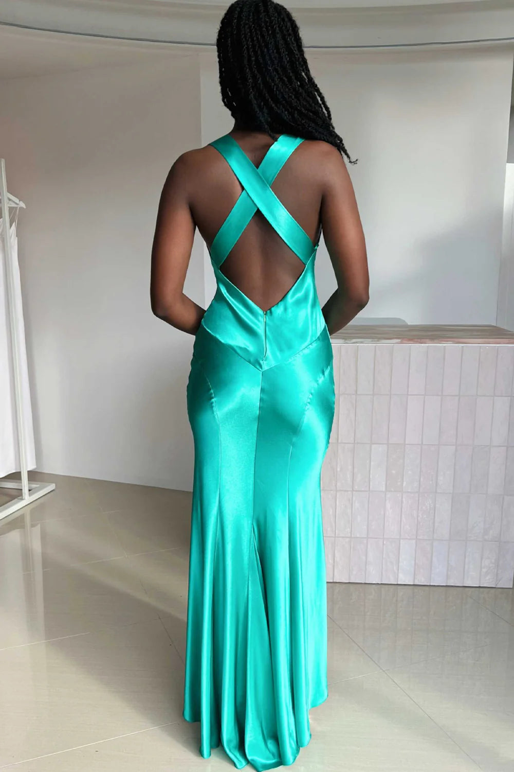 V-Neck Cross Back Yellow Satin Prom Gown With Ruched Detailing AD637