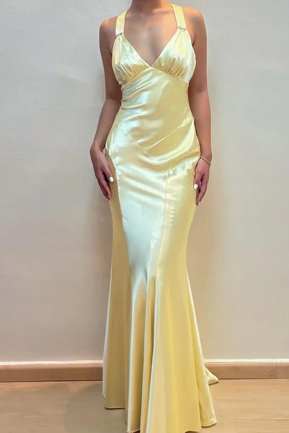 V-Neck Cross Back Yellow Satin Prom Gown With Ruched Detailing AD637