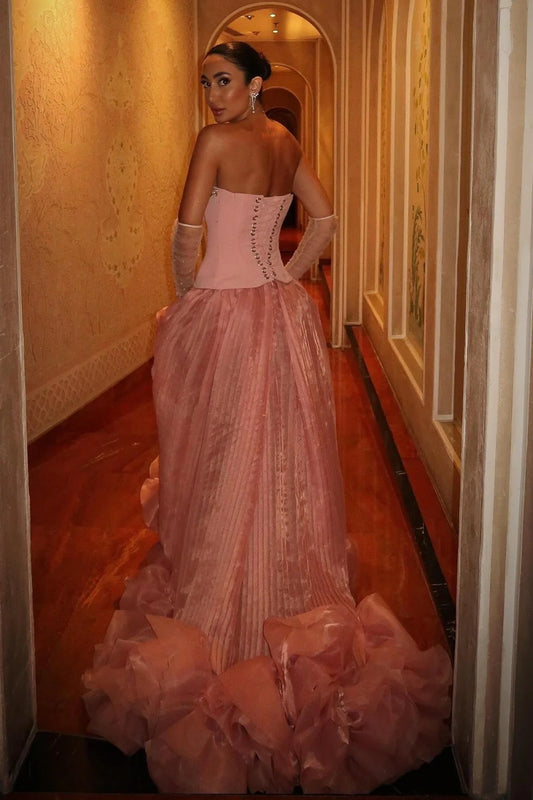 Pink Strapless Corset Prom Dress With Beaded Bodice And Tulle Skirt AD639
