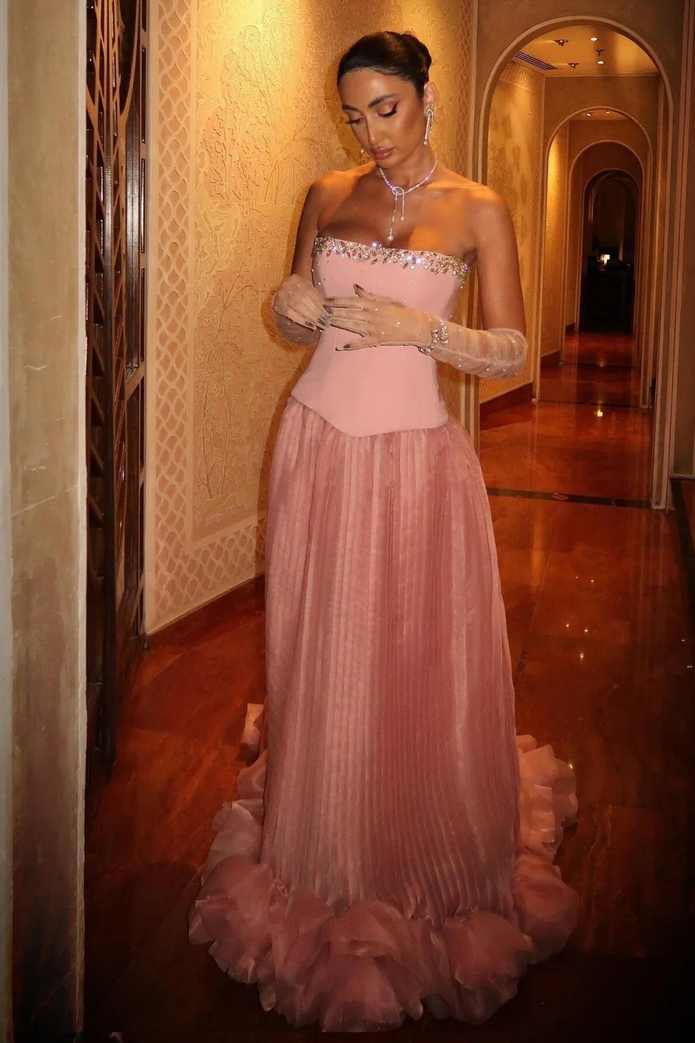 Pink Strapless Corset Prom Dress With Beaded Bodice And Tulle Skirt AD639