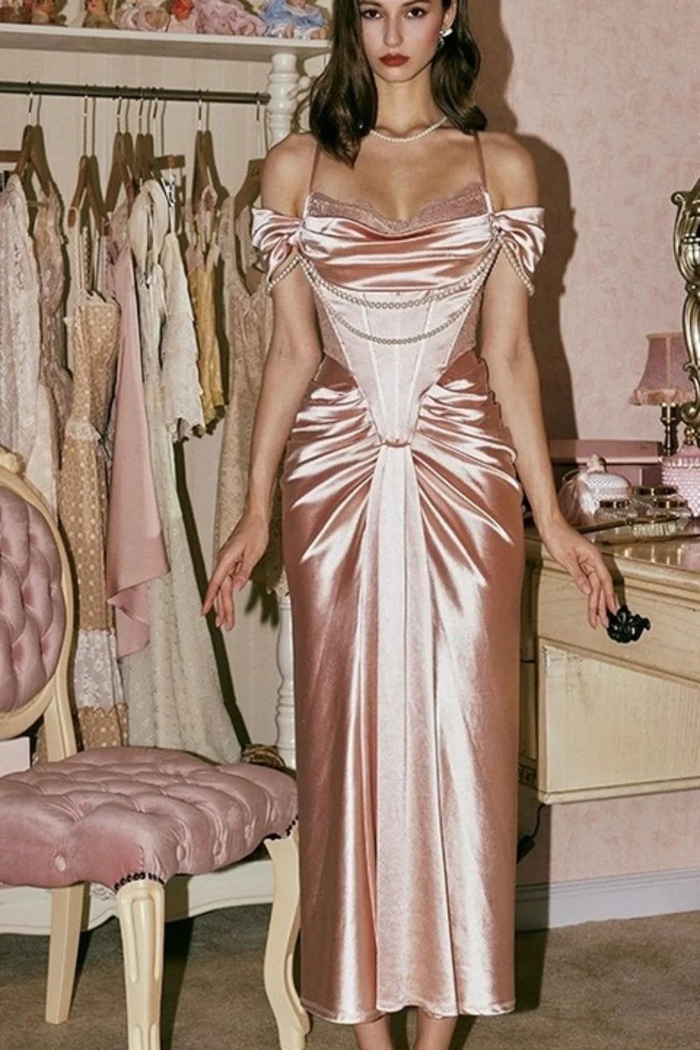 Blush Pink Off-The-Shoulder Satin Corset Prom Dress With Pearl Draping AD640
