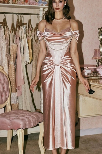 Blush Pink Off-The-Shoulder Satin Corset Prom Dress With Pearl Draping AD640