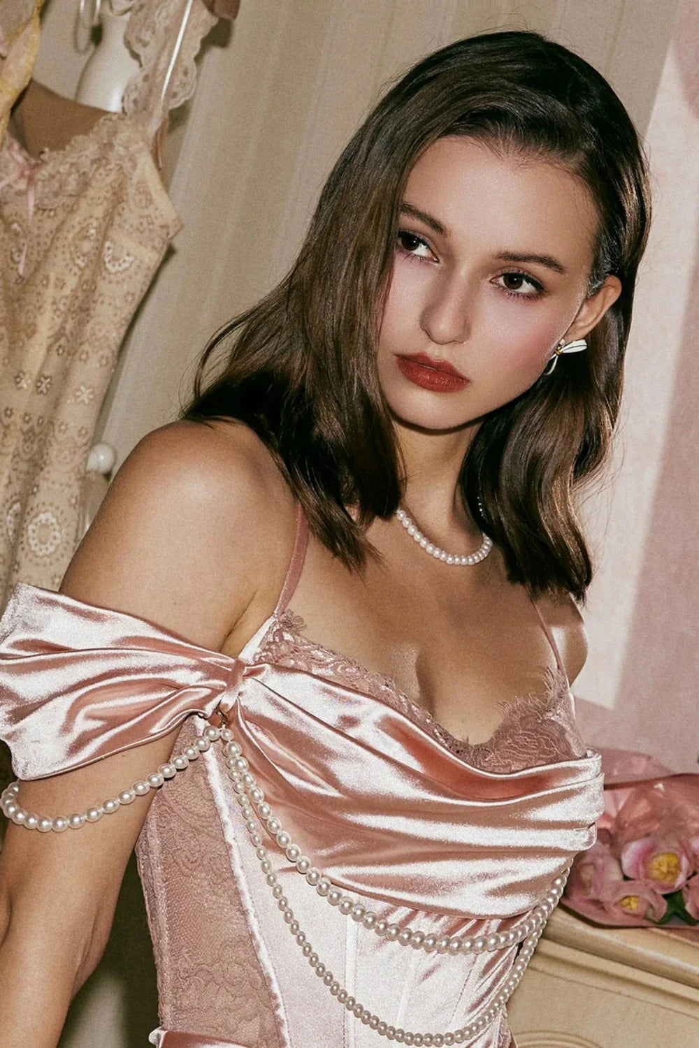 Blush Pink Off-The-Shoulder Satin Corset Prom Dress With Pearl Draping AD640