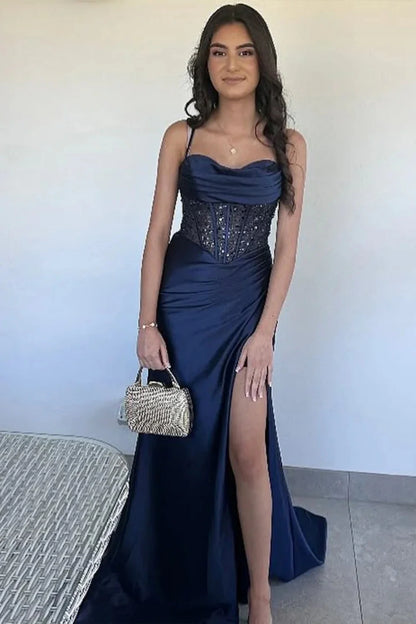 Yellow Spaghetti Strap Lace Up Satin Prom Dress With Sheer Corset And Slit AD641