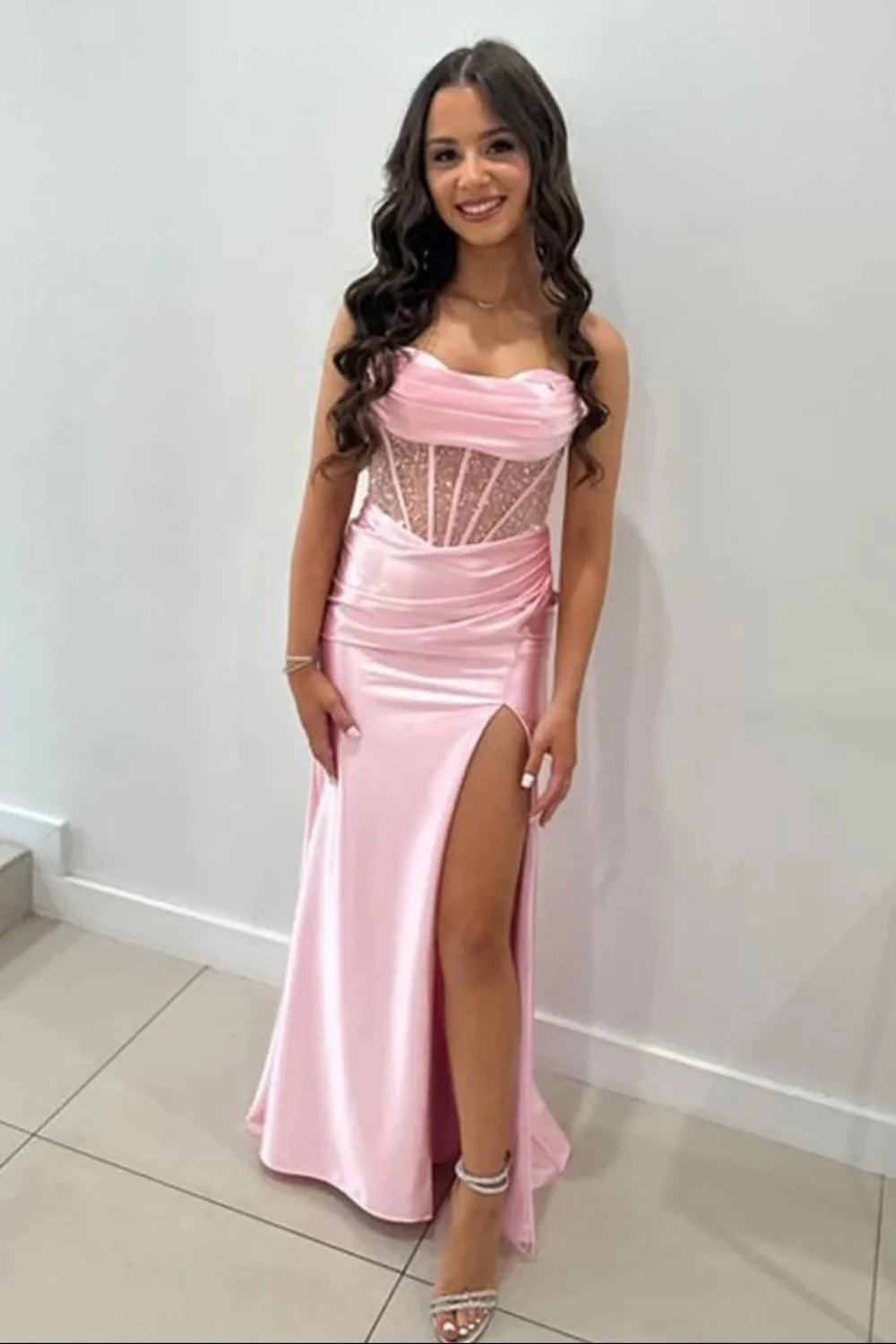 Yellow Spaghetti Strap Lace Up Satin Prom Dress With Sheer Corset And Slit AD641