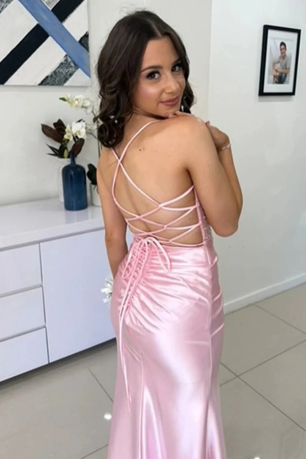 Yellow Spaghetti Strap Lace Up Satin Prom Dress With Sheer Corset And Slit AD641