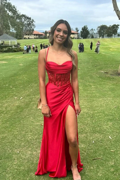 Yellow Spaghetti Strap Lace Up Satin Prom Dress With Sheer Corset And Slit AD641