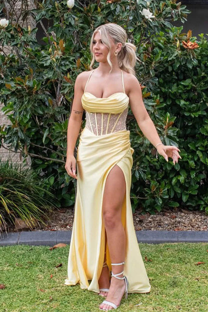 Yellow Spaghetti Strap Lace Up Satin Prom Dress With Sheer Corset And Slit AD641