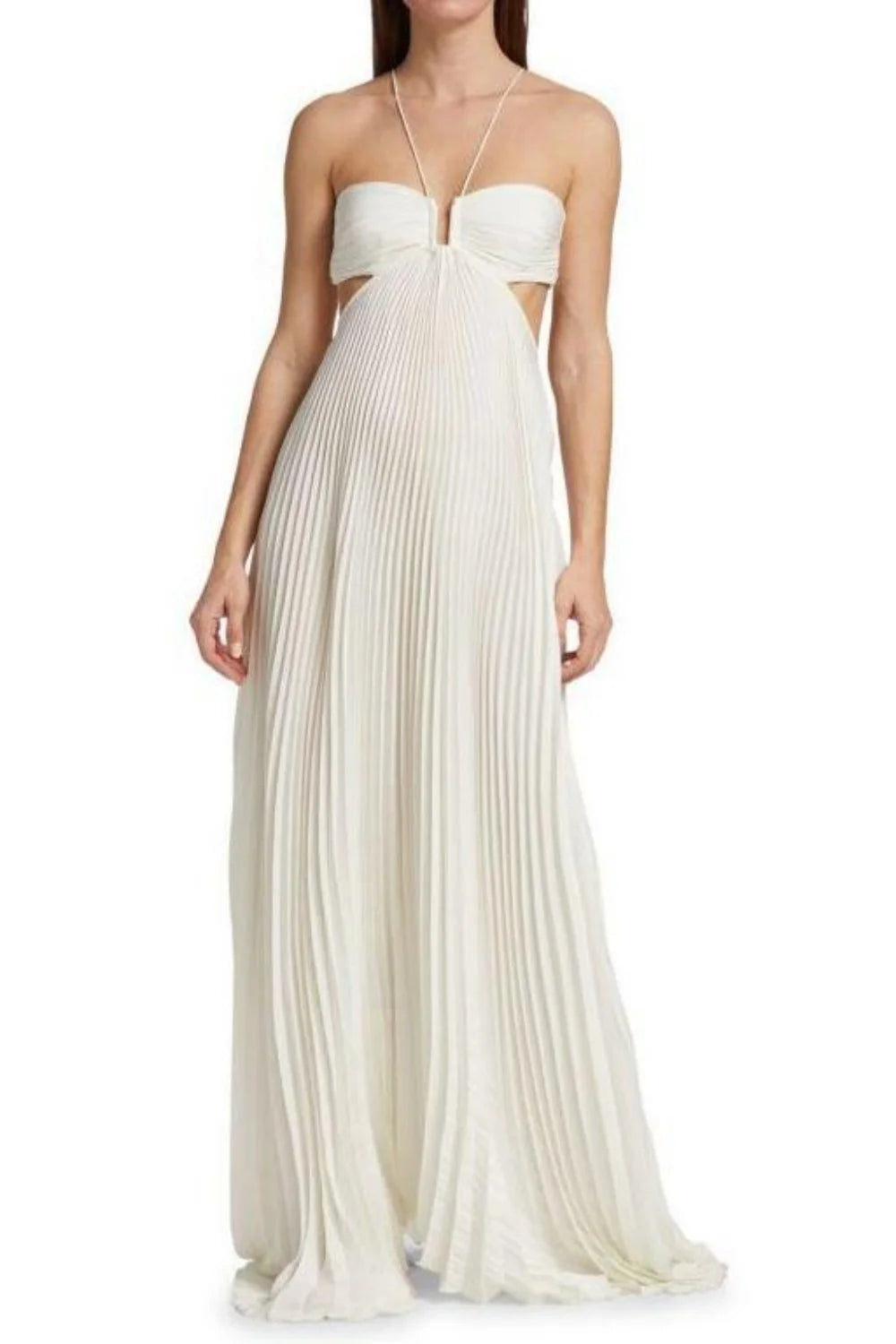 Elegant White Pleated Cutout Halter Maxi Prom Dress AD642