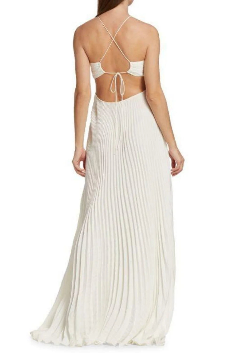 Elegant White Pleated Cutout Halter Maxi Prom Dress AD642