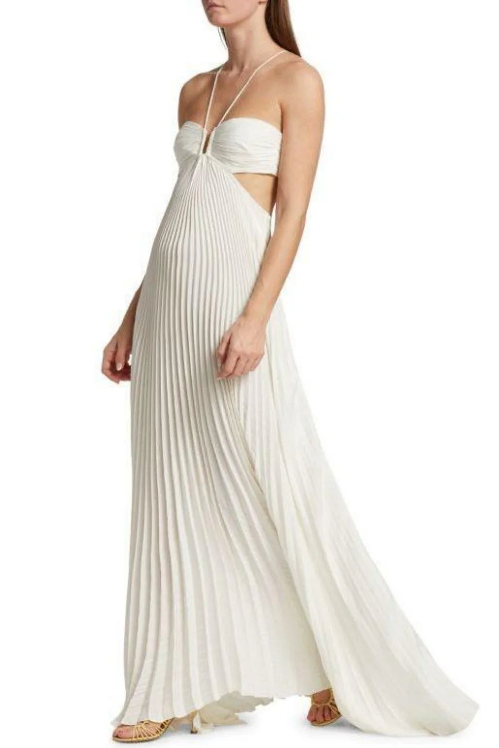 Elegant White Pleated Cutout Halter Maxi Prom Dress AD642
