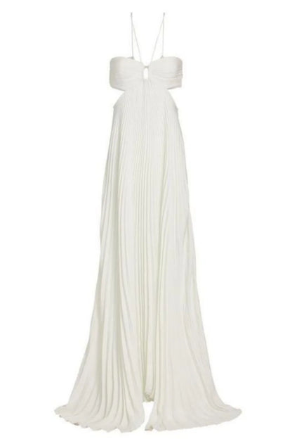 Elegant White Pleated Cutout Halter Maxi Prom Dress AD642