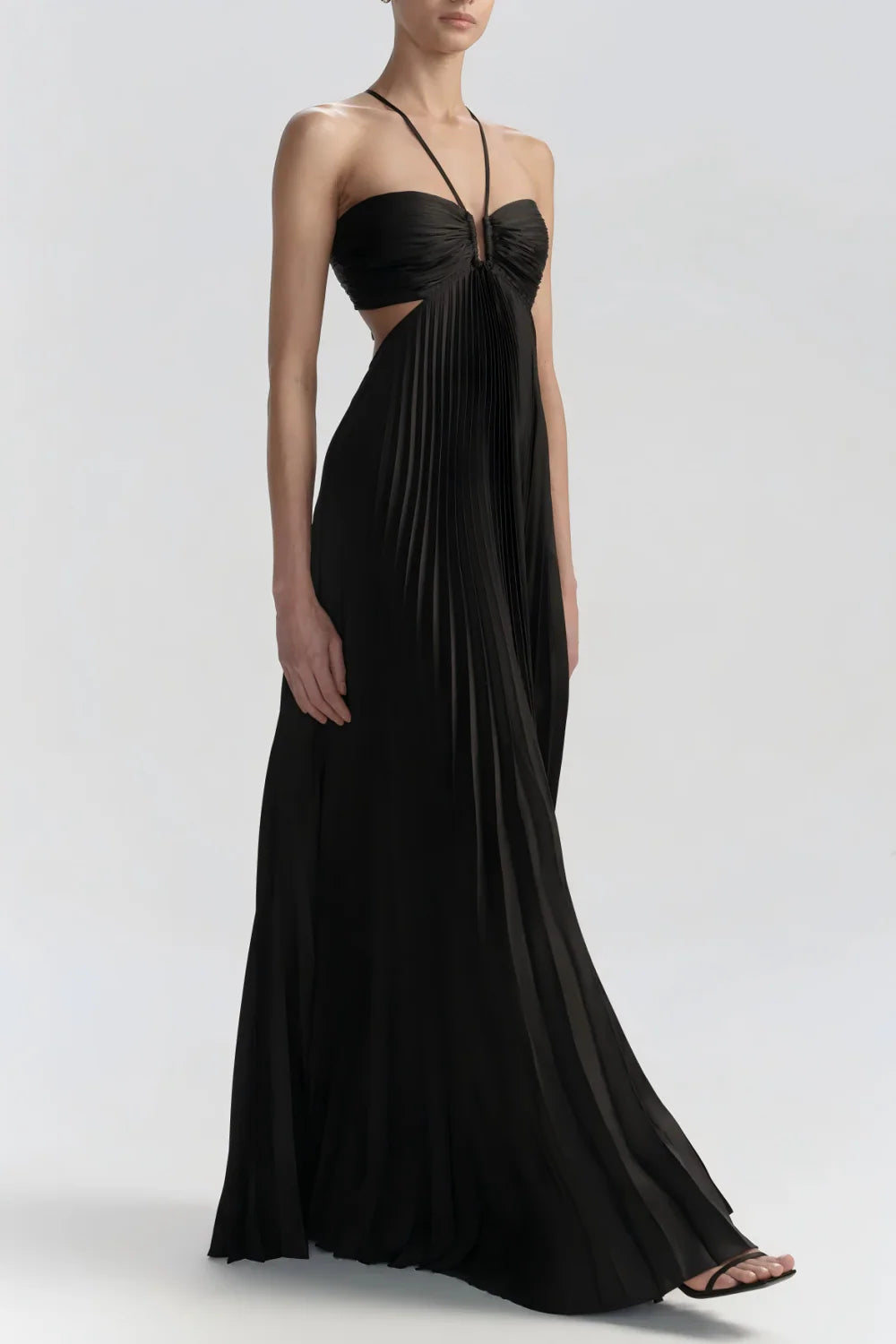 Elegant White Pleated Cutout Halter Maxi Prom Dress AD642