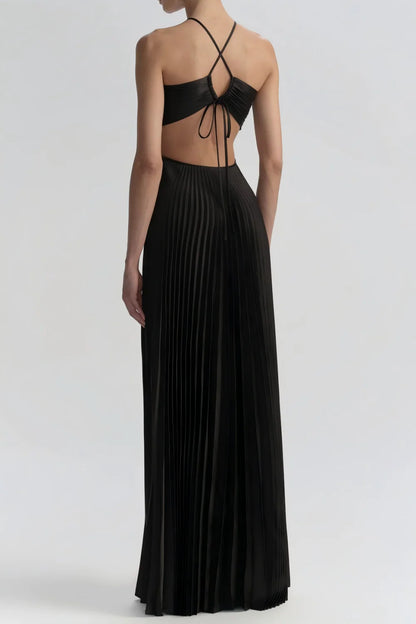 Elegant White Pleated Cutout Halter Maxi Prom Dress AD642