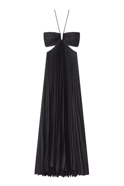 Elegant White Pleated Cutout Halter Maxi Prom Dress AD642