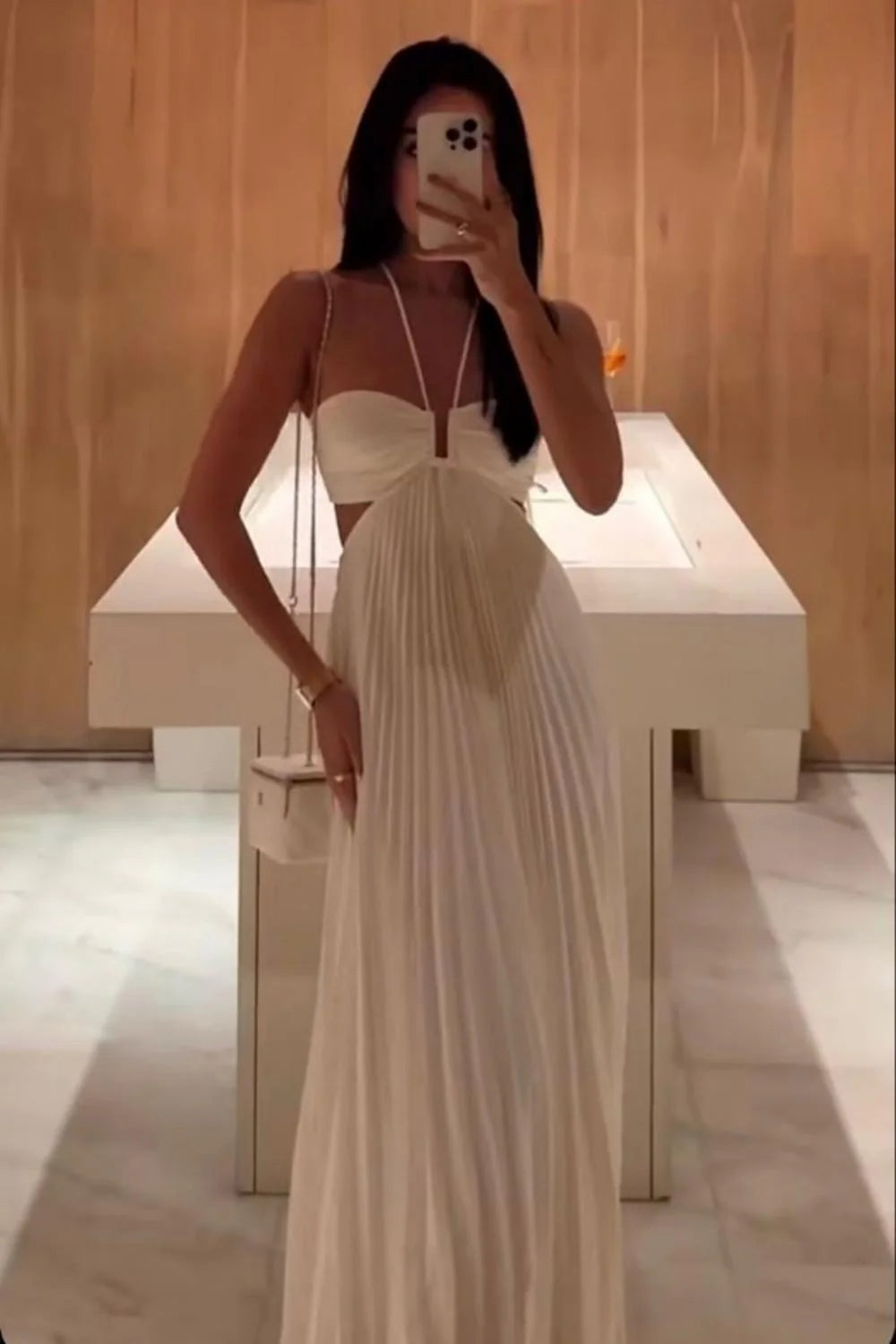 Elegant White Pleated Cutout Halter Maxi Prom Dress AD642