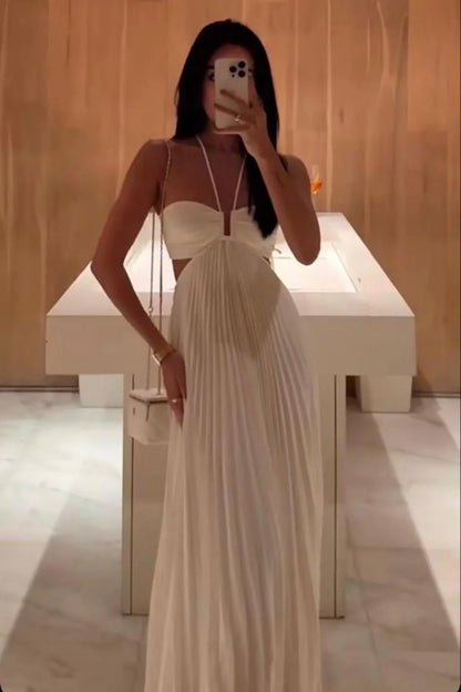 Elegant White Pleated Cutout Halter Maxi Prom Dress AD642